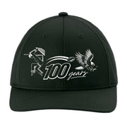 Black cap with white graphics and text on a white background