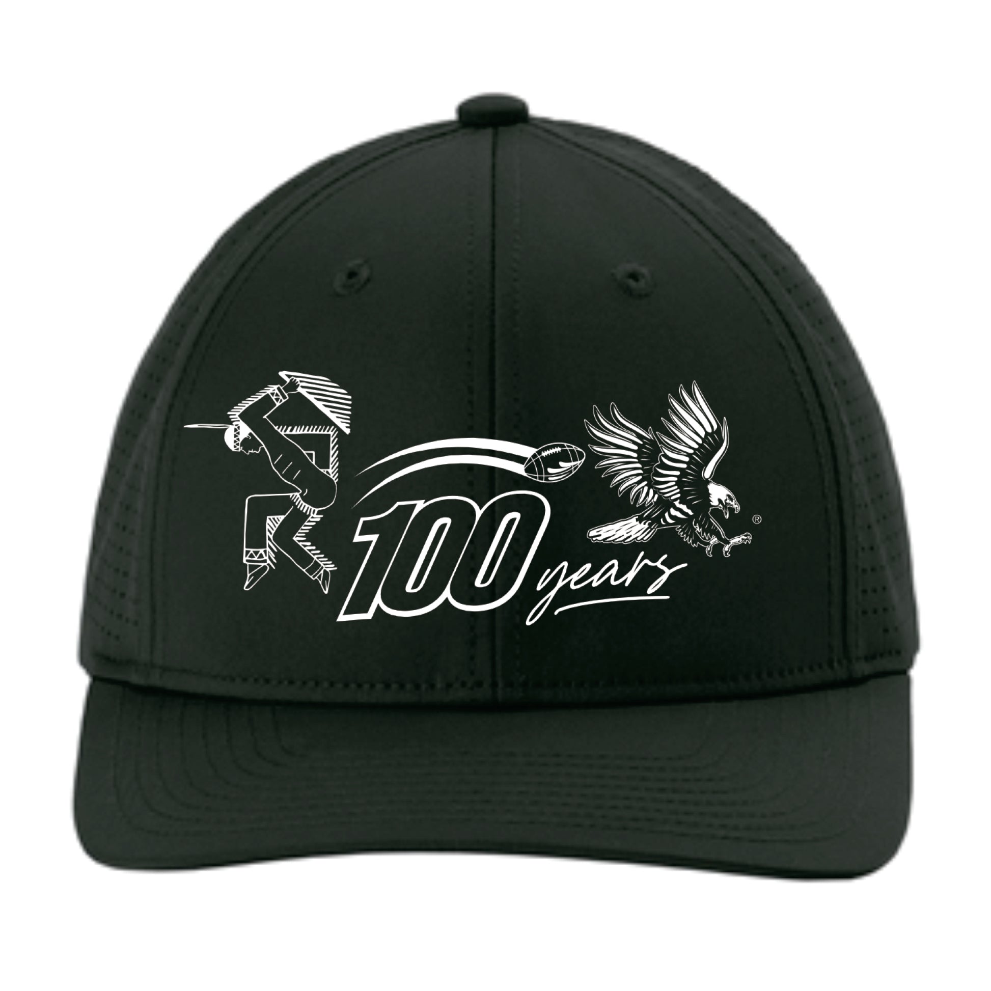 Black cap with white graphics and text on a white background