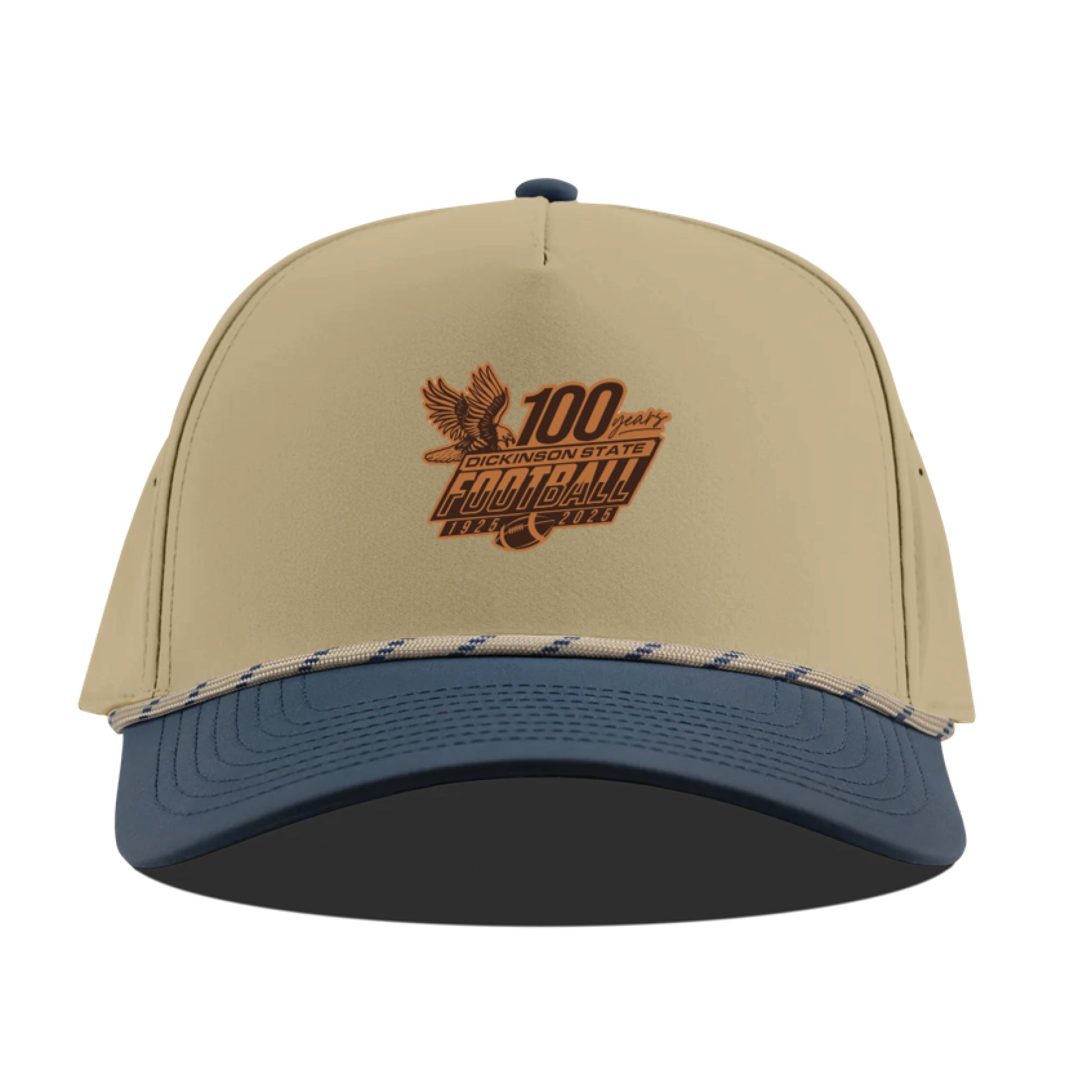 Beige and blue cap with embroidered design on a white background