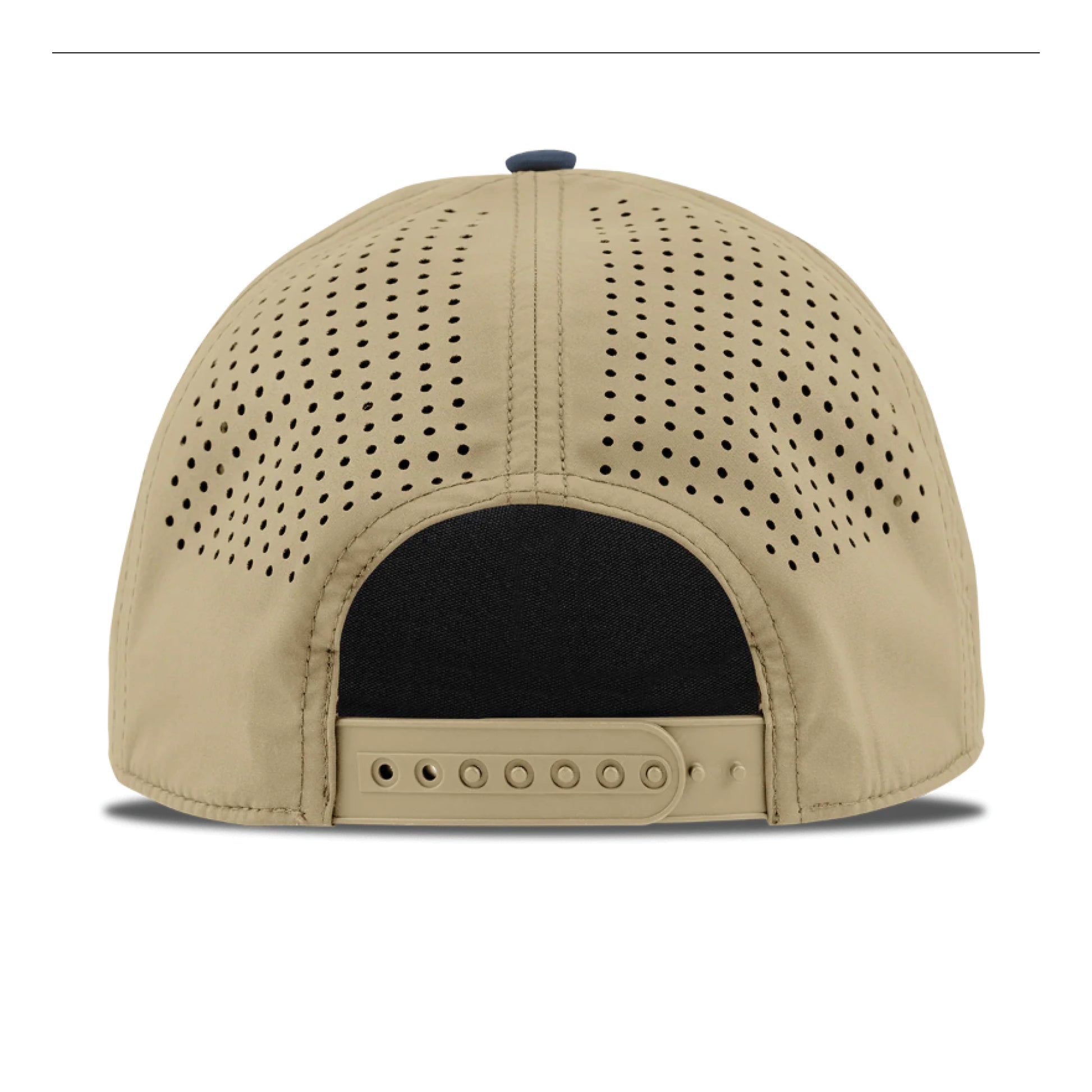Beige baseball cap with perforated design on a white background