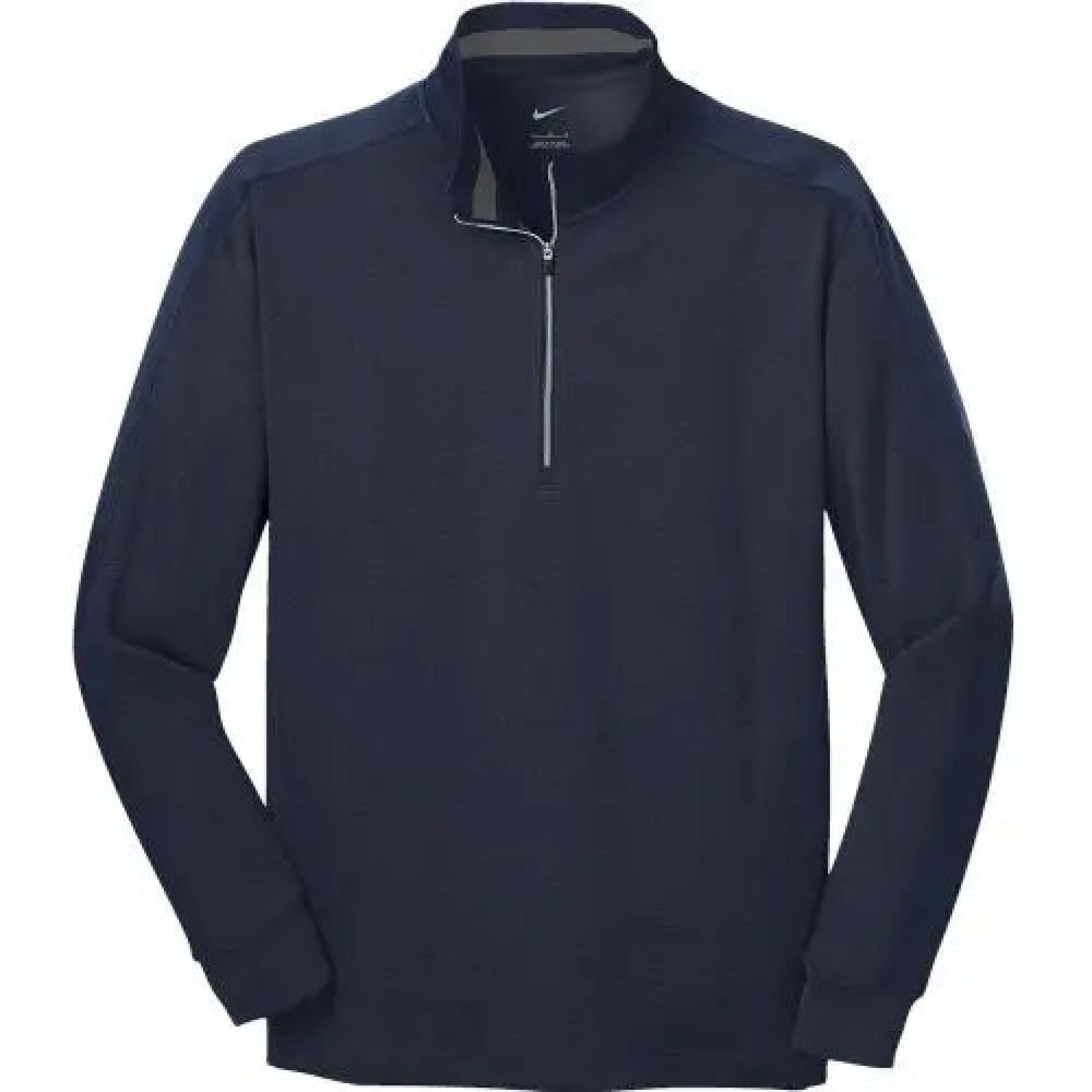 Navy blue long-sleeve shirt with a quarter zip on a white background
