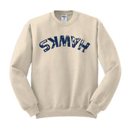 Beige sweatshirt with blue text on a white background