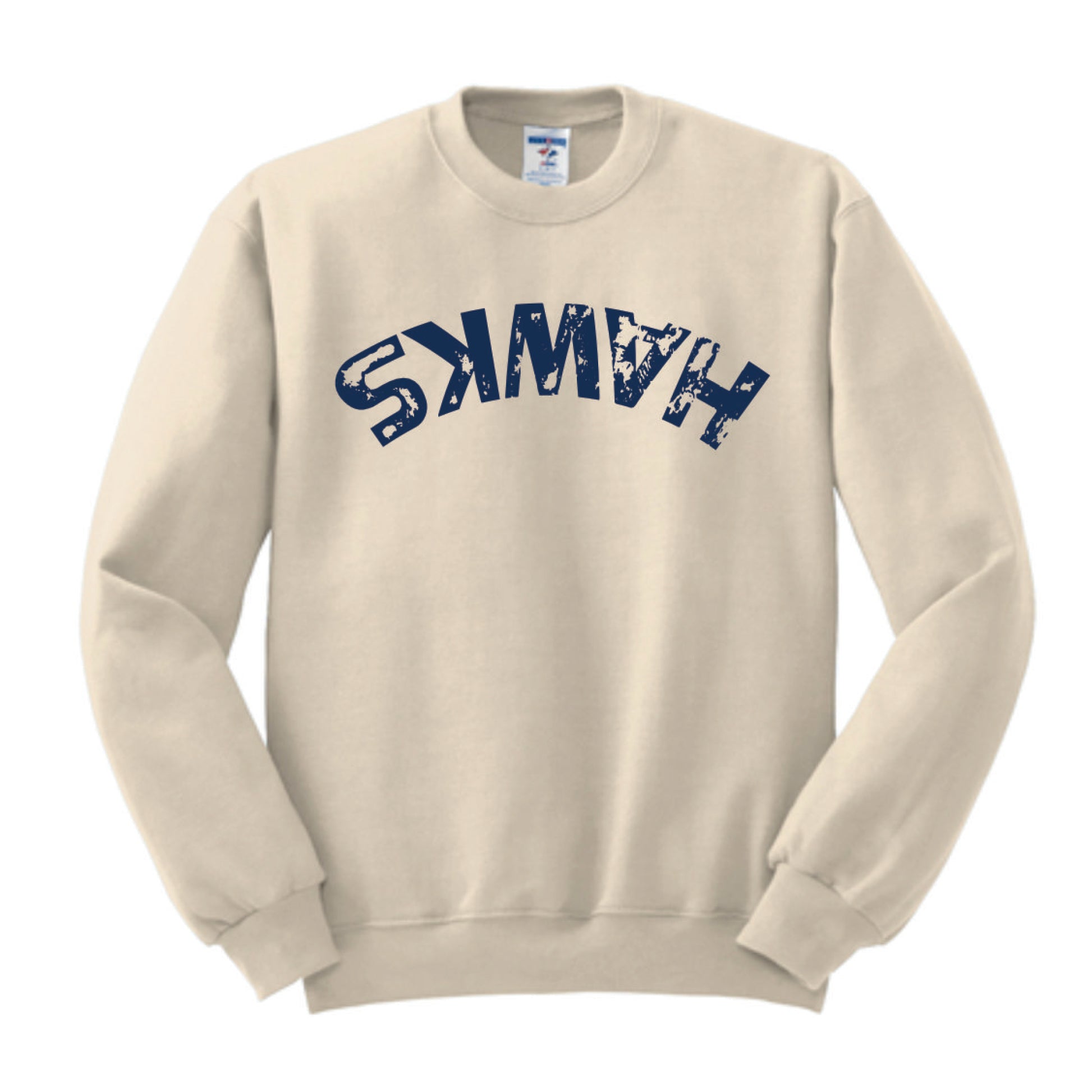 Beige sweatshirt with blue text on a white background