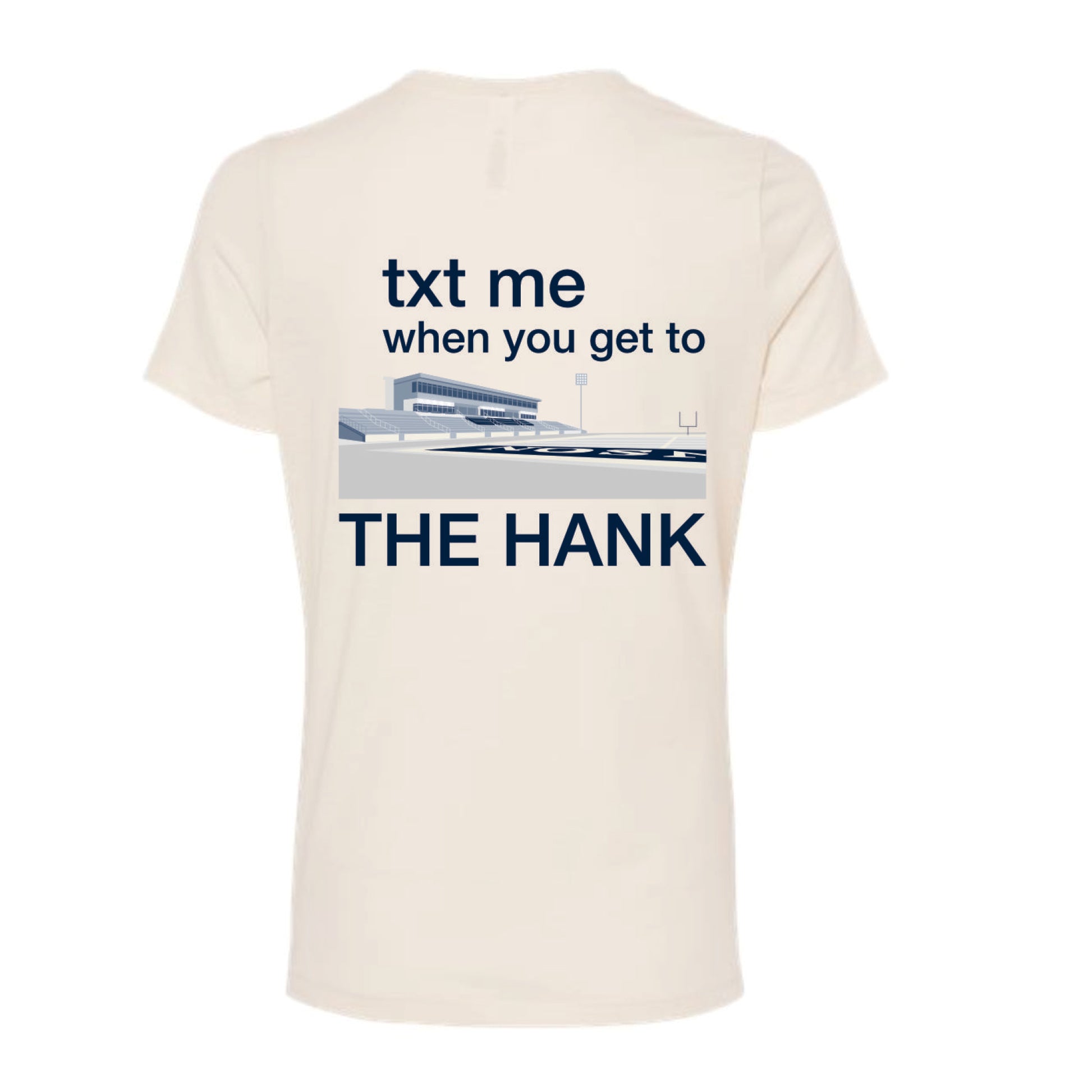 Beige t-shirt with text and graphic design on a white background