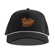 Black cap with embroidered design on a white background