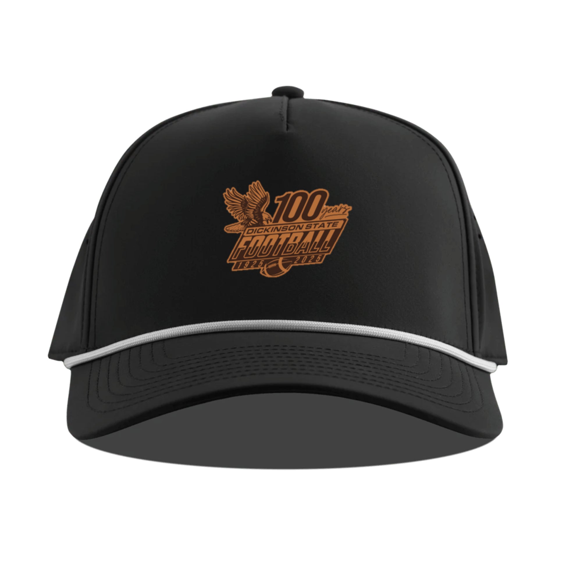 Black cap with embroidered design on a white background