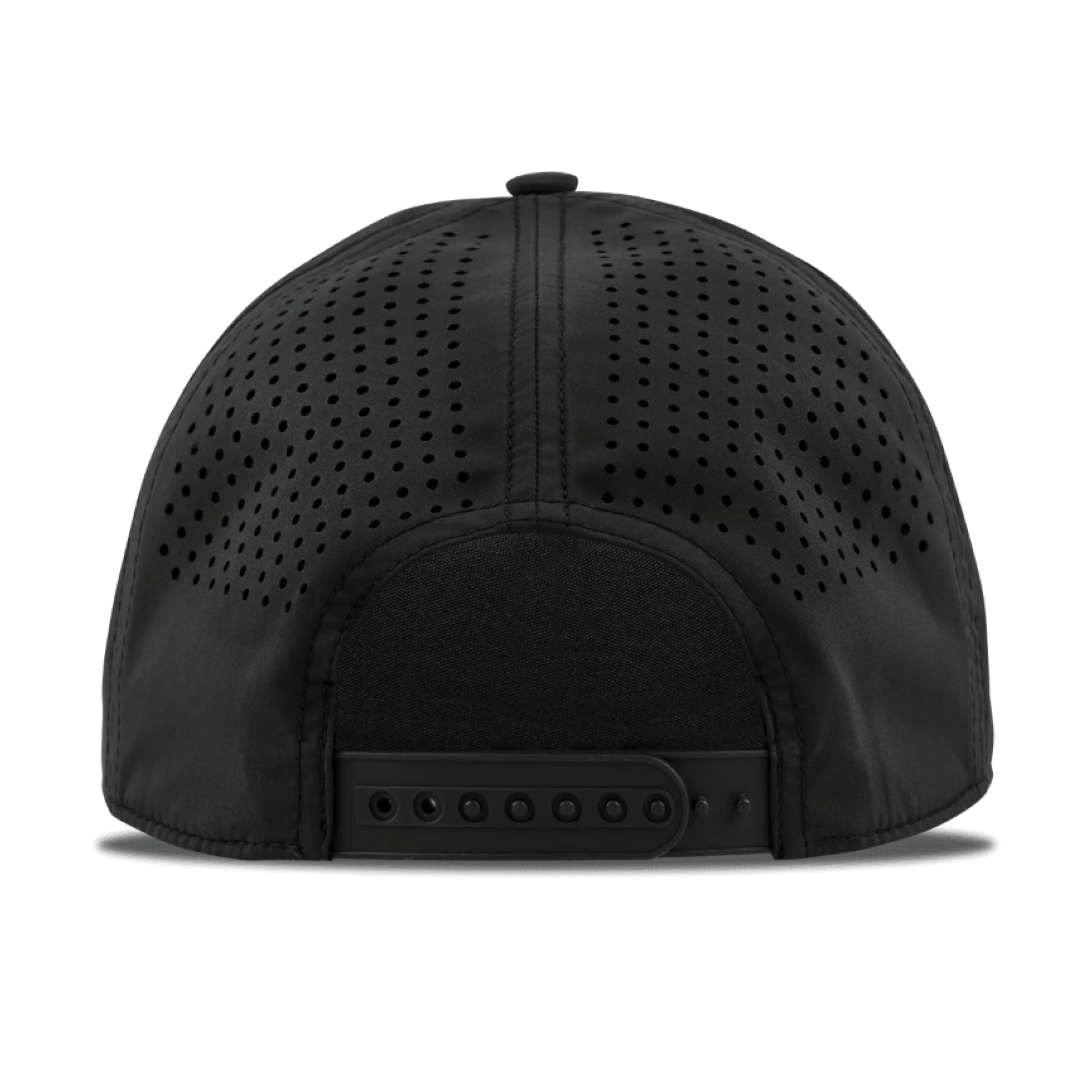 Black cap with perforated design on a white background