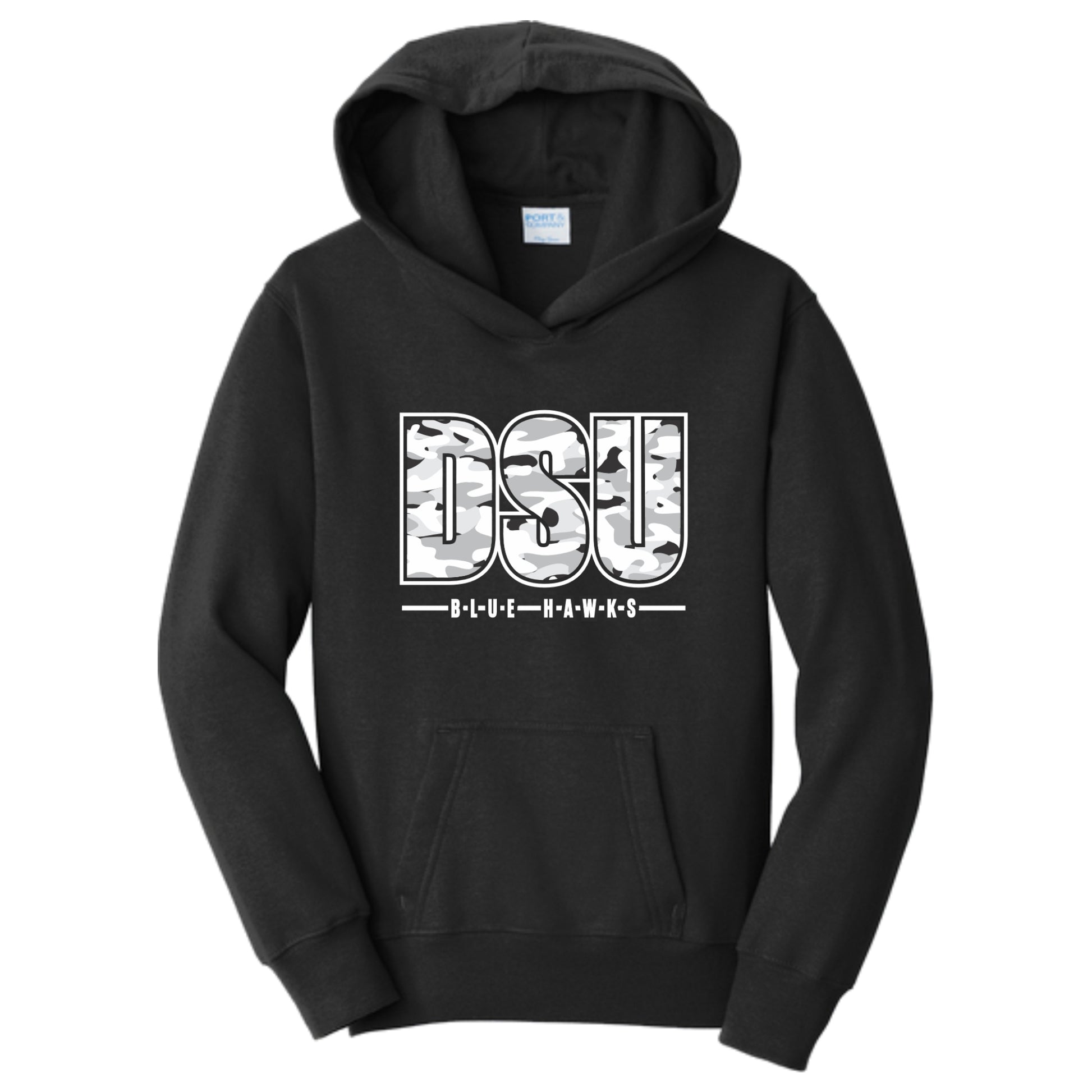 youth black hoodie with camo DSU letters